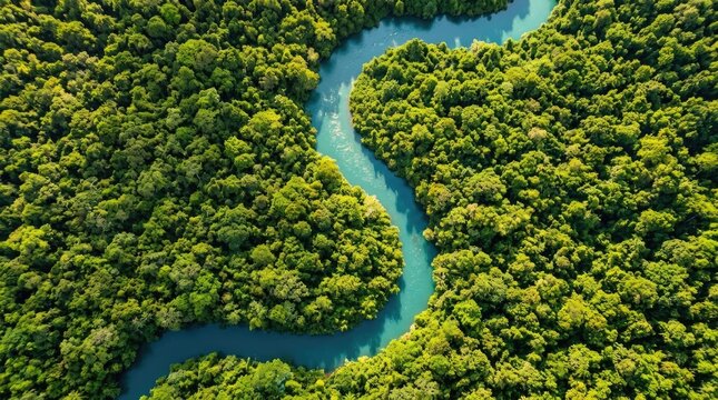 Aerial view of winding river flowing through dense green forest in serene landscape