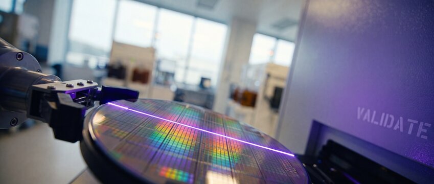 Semiconductor silicon wafer microchip manufacturing process using robotic arm for laser testing inside advanced technology laboratory cleanroom, signifying future computation hardware development.