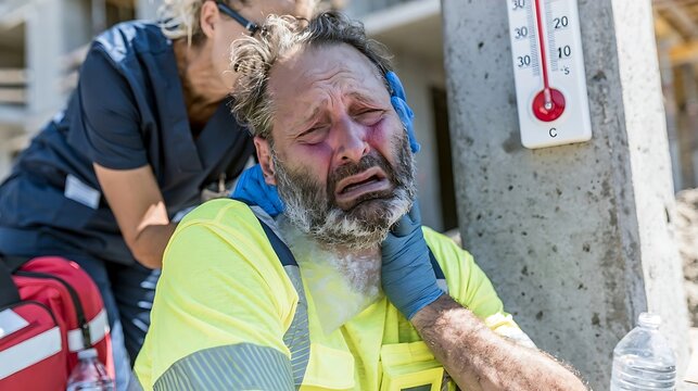 Man suffering from heatstroke receives medical attention outdoors.