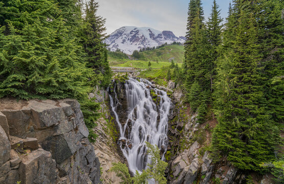 Waterfall in front of Mount Rainier, Washington
