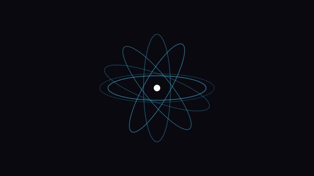 Minimalist atom model rotating with glowing blue orbital rings on dark animation 4k background science