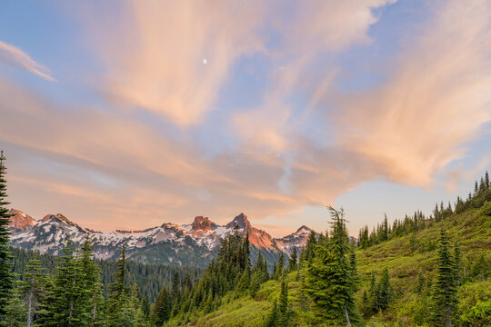 Sunset over snow-capped mountains and evergreen forest in Washington