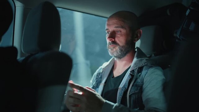 Man with beard sits in minibus shuttle van interior browsing his phone during evening commute. Soft ambient light illuminates passenger checking mobile device in backseat of public transport vehicle.