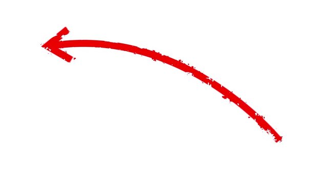 Hand drawn red brush arrow curving upward to the right on a clean white background animation. Hand drawn thin arrow graphic animation. Alpha channel.