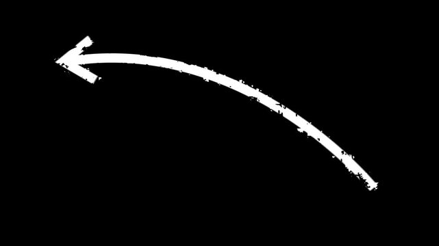 Hand drawn red brush arrow curving upward to the right on a clean white background animation. Hand drawn thin arrow graphic animation. Alpha channel.