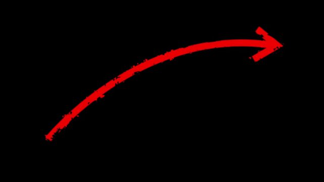 Hand drawn red brush arrow curving upward to the right on a clean white background animation. Hand drawn thin arrow graphic animation. Alpha channel.