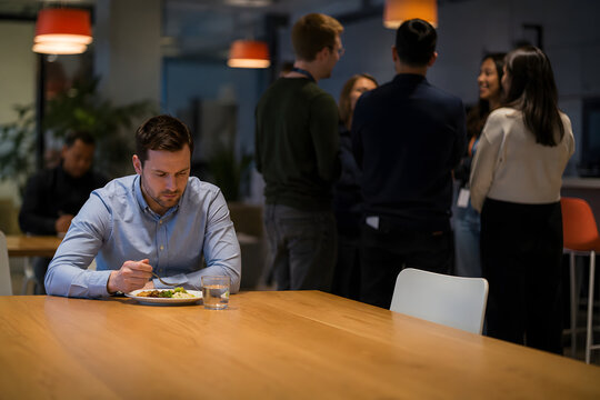 Lonely employee eating alone in a corporate cafeteria while coworkers socialize in the background, highlighting workplace exclusion, isolation, office culture, and mental wellbeing.