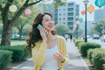 Fototapeta premium Asian young adult woman talking on smartphone while walking in city park, smiling and gesturing, conveying mobile communication and connected lifestyle. For telecom or urban living marketing