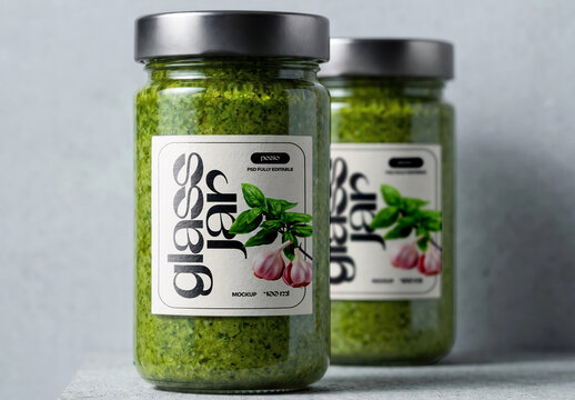 Pesto Sauce Jar Label Mockup on Concrete Shelf