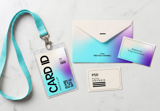 ID Card Lanyard with Envelope and Business Card Mockup
