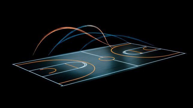 Dark futuristic basketball court with dynamic glowing neon orange and blue ball trajectory lines for esports and action concepts