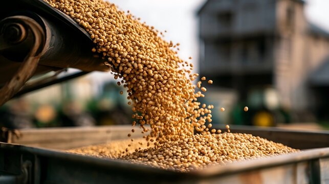 Close-up of golden grains being poured from a machine into a container, representing agriculture and harvest.
