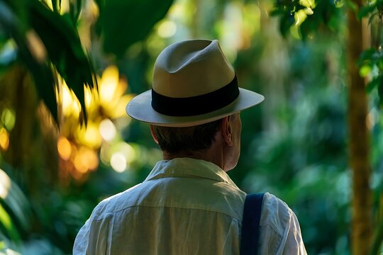 Man wearing a fedora hat and light colored shirt walking through lush green foliage.