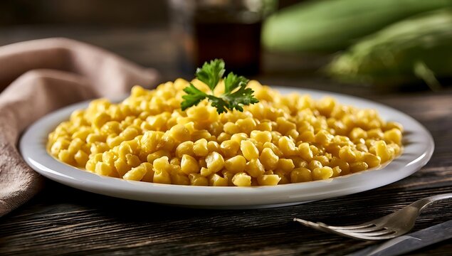 Delicious plate of sweet corn kernels garnished with fresh parsley on a rustic wooden table.