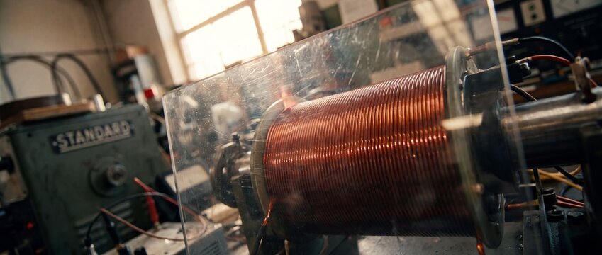 Copper coil inductor winding inside vintage science laboratory workshop for physics experiments, electrical engineering equipment, retro industrial technology research, and history of electric power.