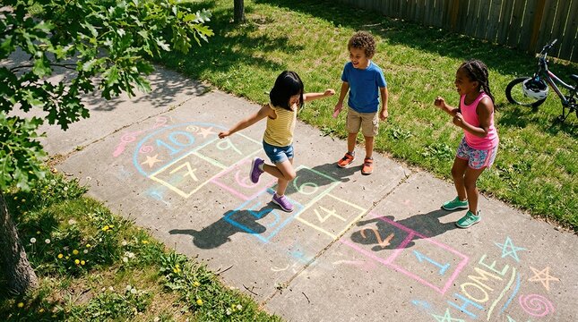 Children playing hopscotch on a sunny day