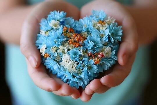 Hands holding a heart shape made of small blue and white flowers with orange accents.