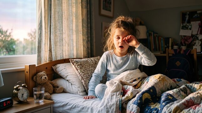 Child waking up in bed rubbing eyes