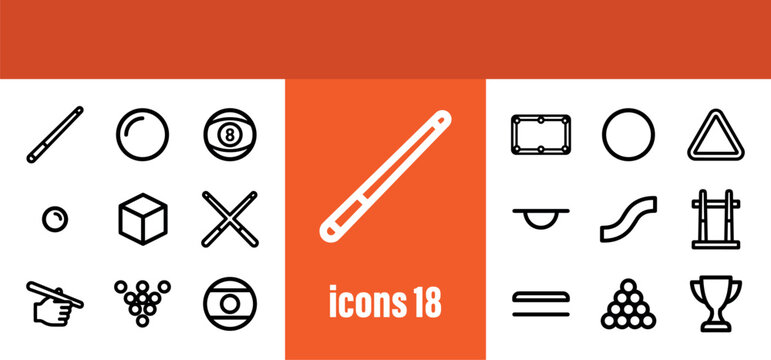 Billiard and pool game icons set. Minimalist outline vectors for sports and leisure activities.
