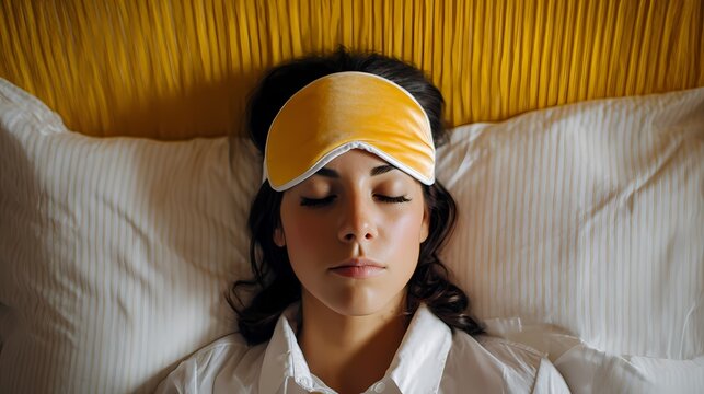 Woman rests wearing a yellow sleep mask.