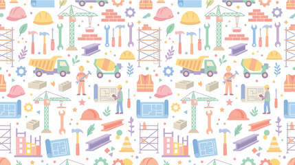 Obraz premium Construction Industry Pattern: Tools, Vehicles, Workers, Blueprints, Building Materials