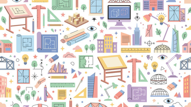Architectural Design Tools and Building Icons Pattern, Vector Illustration