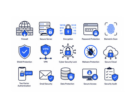 Cybersecurity Icons Set: A collection of modern, blue and white icons representing various aspects of digital security, including firewall, secure server, encryption, password protection.