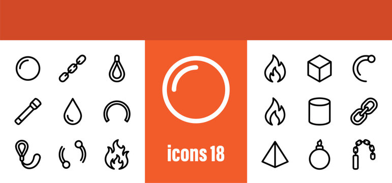 Fire icon set. Outline vector illustrations of flames, chains, and various elements. Simple linear design elements for effects or abstract concepts.