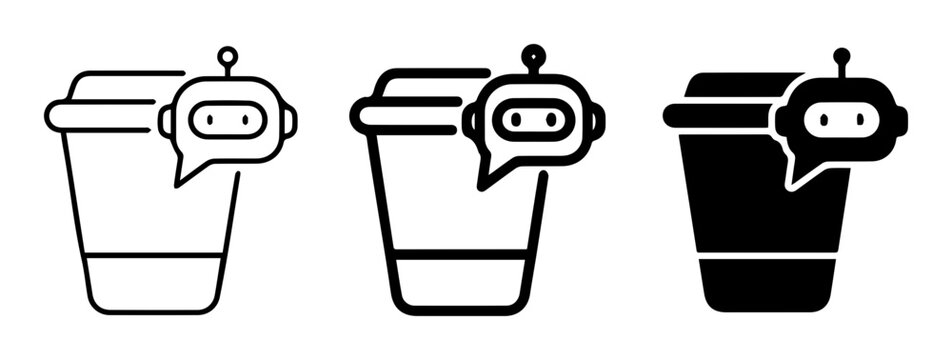 AI Chatbot Coffee Cup Icons, Digital Assistant Beverage Service, Bot Communication Vector Set