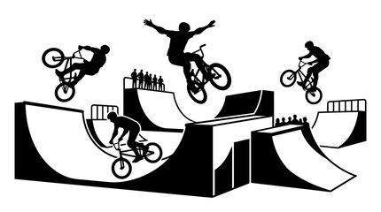 Obraz premium BMX Bicycle Riders Performing Tricks in Skatepark Silhouette