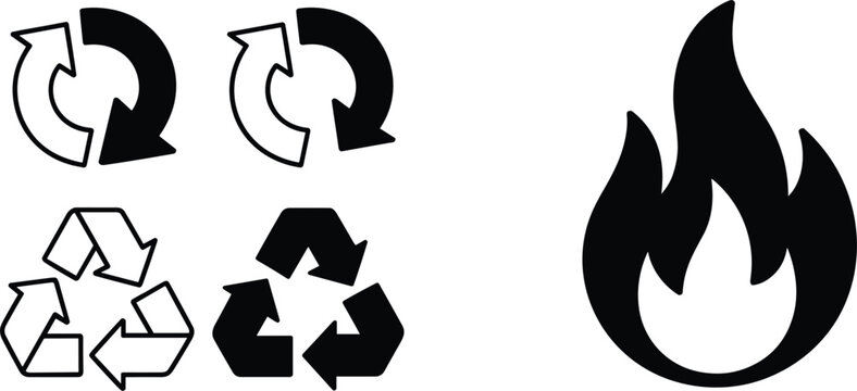 Sustainable energy recycling icon set featuring black silhouette flame and circular arrow symbols for eco friendly waste management renewable power and environmental protection.
