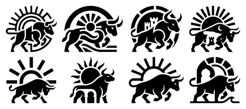 Spanish bull and fortress tower logos set with sun elements in black and white vector style