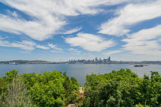 Seattle downtown skyline from Green Lake Park, panoramic city view