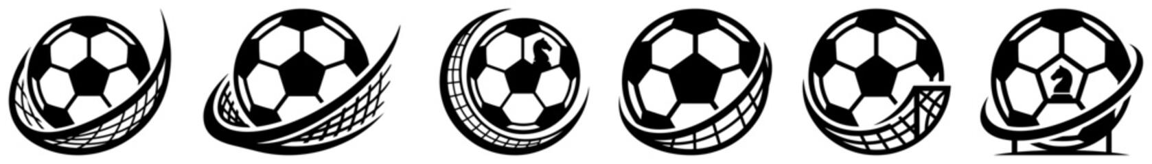 Soccer ball hitting goal net icons set for sports branding in black and white © Kumamoto