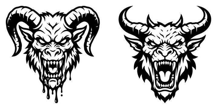 Demon heads with curved horns and aggressive expressions angry monster mascot set