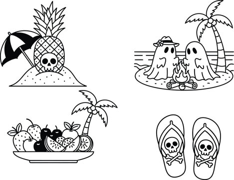 Black and white line drawing of beach icons with skulls and tropical fruit