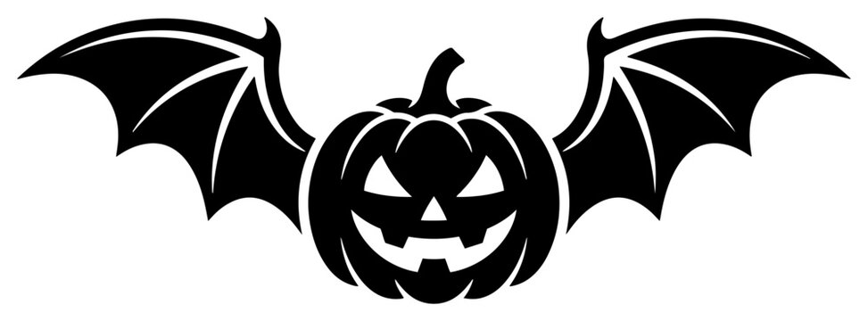Jack o lantern pumpkin with large spread bat wings for halloween celebration in black and white graphic style