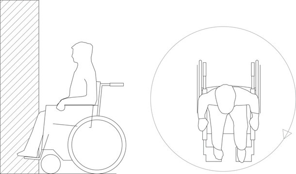 Technical CAD drawing of wheelchair accessibility symbols showing a side elevation next to a wall and a top-down plan view inside a turning radius circle.