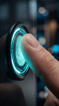 Anonymous Finger Touching Biometric Fingerprint Scanner, Cyber Security, Digital Identity Verification and Data Protection Concept with Copy Space