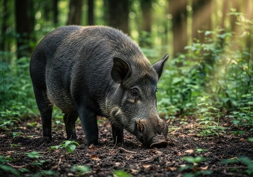 A massive feral hog with thick, dark fur searches for food in the dirt and mud of a dense forest habitat, illustrating survival and wildlife, wilderness, ground, natural