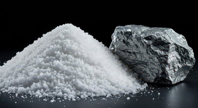 Coarse white crystalline salt piled high next to rough, gray elemental metal chunks, emphasizing raw chemical ingredients and industrial purity, concept, gray, sodium chloride