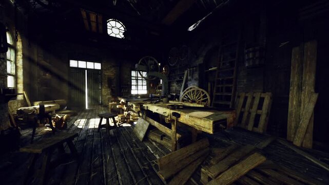 Empty timber depot bathed in haze. Scattered boards, stacked frames, broken windows, shafted light, pervasive dust, sense of abandonment, historic lumberyard