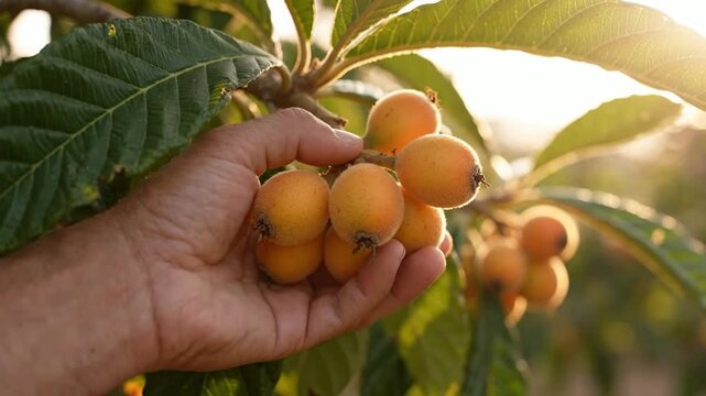 Hand picking fresh ripe loquat fruit in orchard at sunset, organic farming and sustainable agriculture concept