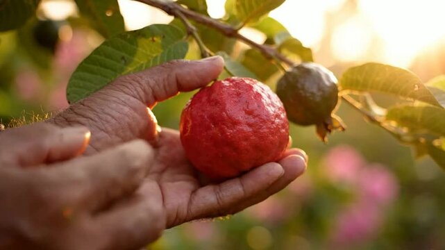 Farmer harvesting ripe red guava fruit in organic orchard at sunset, close-up hand picking tropical produce