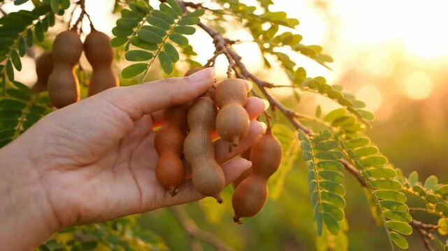 Hand picking fresh tamarind fruit from tree branch in sunny organic orchard at sunset harvest agriculture
