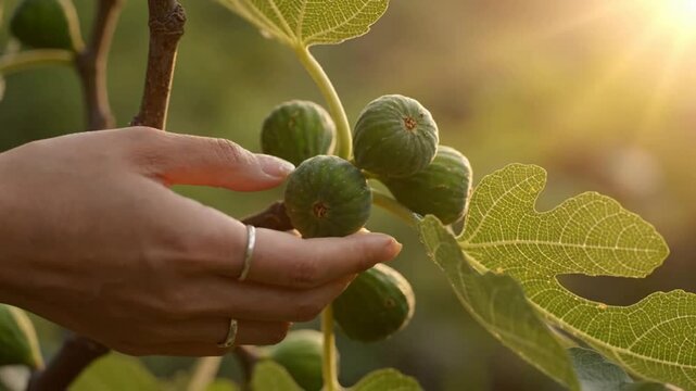 Close-up of woman&rsquo;s hand gently touching fresh green figs on tree branch at sunset fruit harvest organic