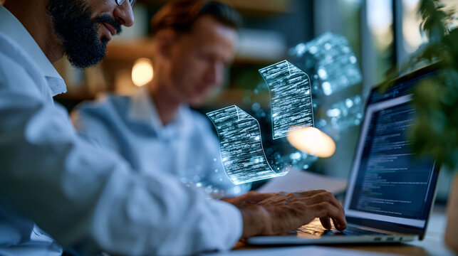 Faceless businessman using a computer to manage a glowing online document communication and file storage system in a bright office document management database digital file