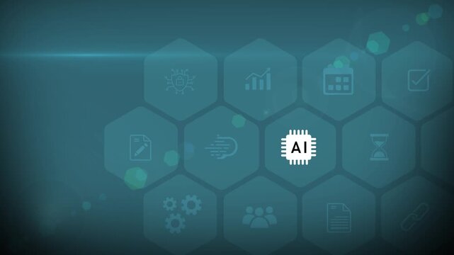 Pointing at artificial intelligence technology on futuristic digital interface screen, machine learning, data analytics automation. 3d Motion graphics of technology icon interface background