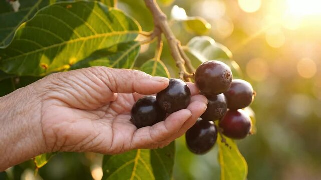 Senior farmer harvesting fresh jabuticaba berries in organic orchard at sunset brazilian grape tree organic farming