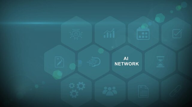 Futuristic AI network concept with a glowing hexagonal artificial intelligence matrix interface and connectivity business icons over a dark background.